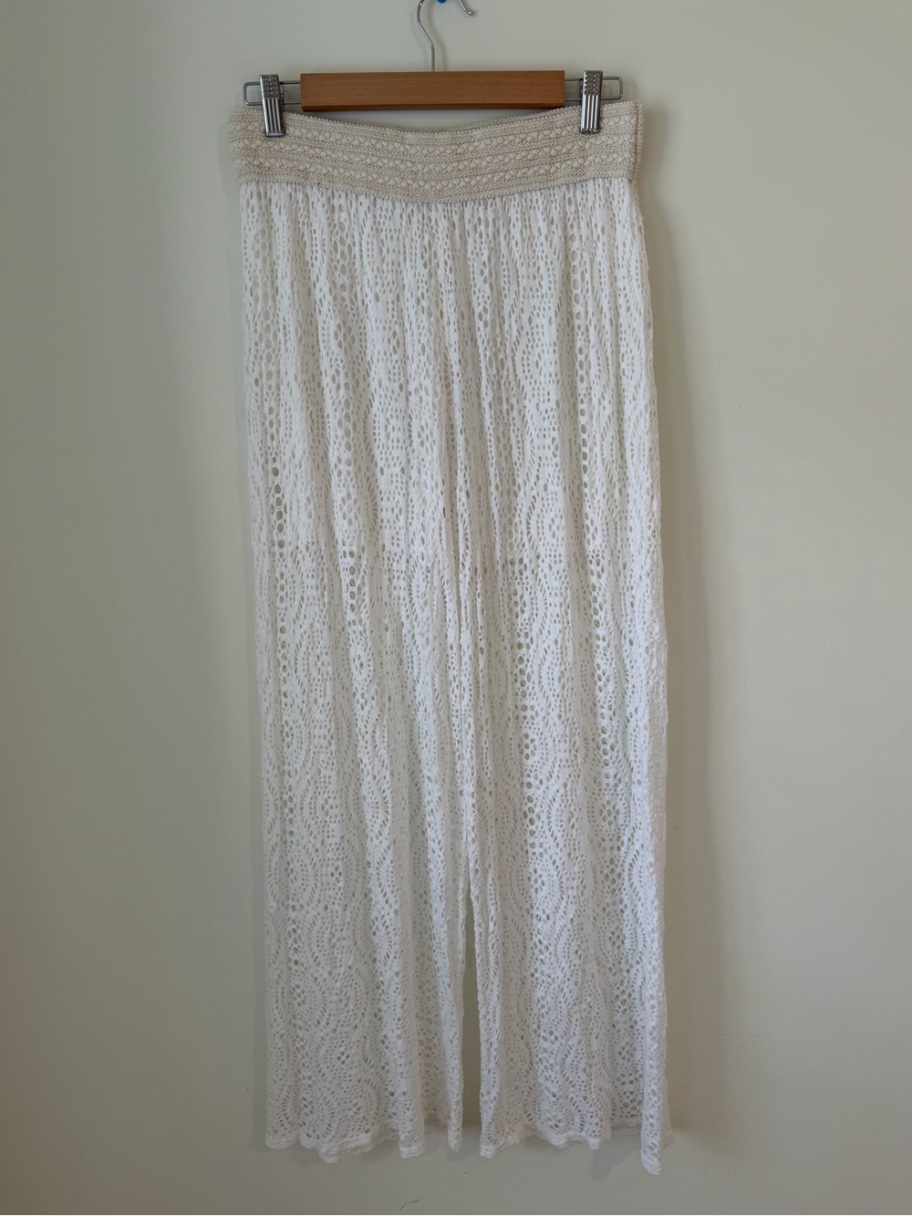 Cream Crochet Boot Flare Pants with Elastic Waistband
